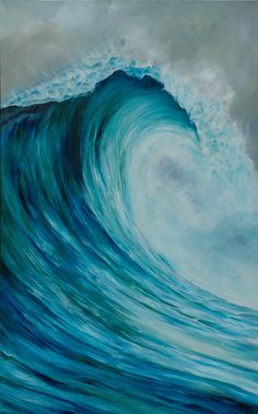 an oil painting of a large wave in the ocean with blue and green colors on it