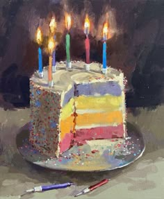 a painting of a birthday cake with lit candles