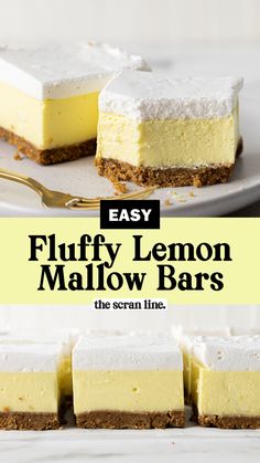 easy fluffy lemon mallow bars on a white plate with text overlay that reads easy fluffy lemon mallow bars