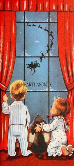 two children looking out the window at santa's sleigh in the sky