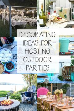 an outdoor party with tables, chairs and food on the table is featured in this collage