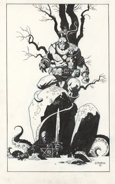 a black and white drawing of a man on top of a giant monster with horns