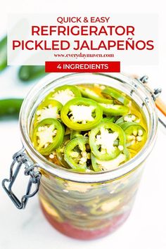 pickled jalapenos in a jar with text overlay