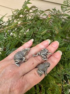 three frog figurines sitting on the palm of someone's hand in front of some plants