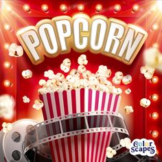 popcorn buckets and movie tickets on a red background with light bulbs in the background