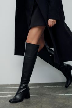 Low Heel Knee High Boots, Plain White Sneakers, Knee High Heels, Waistcoat Dress, Sneakers Looks, High Heel Boots Knee, Black Boots Tall, Cargo Shirts, Black Heel Boots