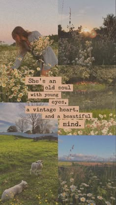 there is a collage of pictures with flowers and animals in the grass, one has a poem written on it