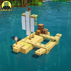 Bamboo Raft build in Minecraft Minecraft Raft Base, Beach Umbrella Minecraft, Bamboo Minecraft Ideas, Minecraft Tiki Torch, Minecraft Dock Decoration, Minecraft Bridges Long, Minecraft Bamboo Village, Minecraft Campground, Minecraft Shipwreck Build