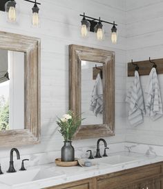 FM17A0142_lifestyle_03.jpeg Farmhouse Mirror Decor, Wood Framed Bathroom Mirrors, Vanity Living Room, Rustic Bathroom Mirrors, Farmhouse Bathroom Mirrors, Farmhouse Mirror, Distressed Wood Wall, Farmhouse Wall Mirrors, Farmhouse Vanity