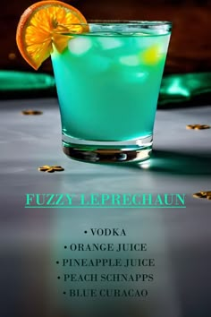 a blue drink with an orange garnish on the rim and text that reads fuzzy leprechain