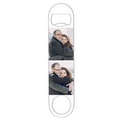 two pictures of a man and woman hugging each other in front of a white door hanger