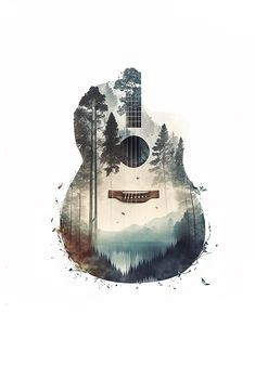 an acoustic guitar with trees in the background and watercolor paint on it's body