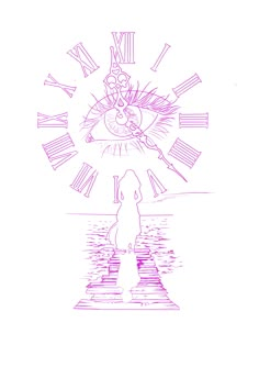 a drawing of a person standing in front of a clock