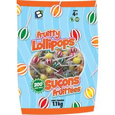 a bag of fruity lollipops on a white background