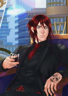 a man with red hair sitting in a chair holding a wine glass and looking at his cell phone