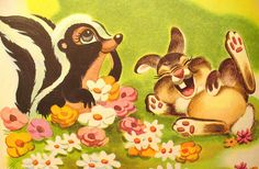 an illustration of two skunks playing with each other in the grass surrounded by flowers