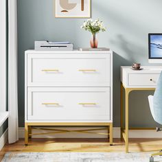 a white dresser sitting next to a desk with a computer monitor on top of it