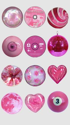 various pink and white items are arranged in the shape of heart shaped objects, including a pool ball