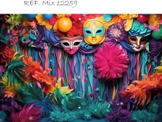 an image of colorful masks on display in front of balloons and streamers for mardi gras