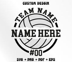 a volleyball ball with the words team name here in black and white on a white background