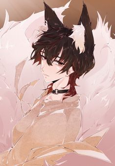 an anime character with black hair and horns on his head, sitting in front of white feathers