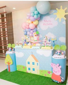 a pepo themed birthday party with balloons and decorations