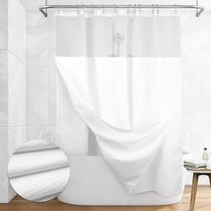 a white shower curtain in a bathroom next to a bathtub with a roll of toilet paper on the floor