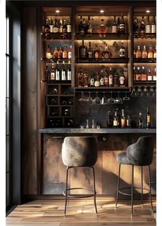 two stools in front of a bar with bottles on the shelves