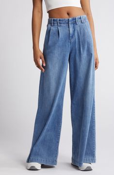 Make a statement in these pleated, vintage-inspired jeans fashioned with trouser-style pockets and superwide legs that sway with every step. 32" inseam; 30" leg opening; 11 1/2" front rise; 15 1/2" back rise Zip fly with button closure Side slant pockets 63% cotton, 27% polyester, 8% rayon, 2% spandex Machine wash, tumble dry Imported Pleated Jeans Outfit, Pleated Denim Pants, Super Wide Leg Jeans, Pleated Jeans, Outfit Vintage, Denim Pants Women, Dream Style, Trendy Chic, Trouser Style