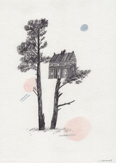 a drawing of a tree house in the snow