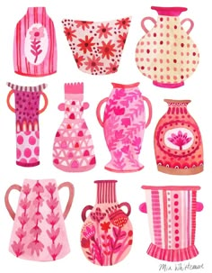 a group of pink vases sitting next to each other