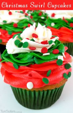 cupcakes decorated with green and red frosting