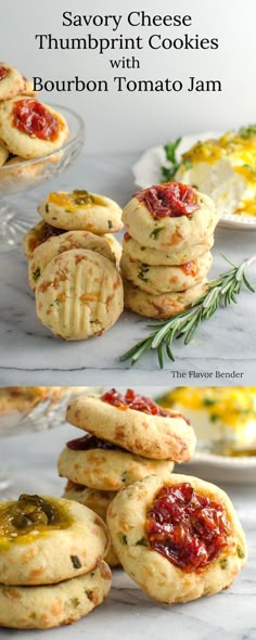 three different views of some food on a plate and in the background there is an image of several small sandwiches with toppings