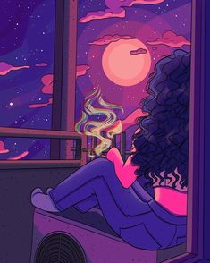 a woman sitting on top of a window sill looking out at the night sky