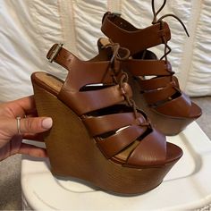 Size 7 Womens Listing As Nwt Since Brand New/Never Worn But Please Note They Are New Without Tags Wedge Style Brown Lace Up Heels Beige Wedge Sandals, Heels Ideas, Brown Wedge Heels, Beige Wedges, Tan Wedges, Brown Wedges, Lace Up Wedges, Black Wedge Sandals, Brown Heels