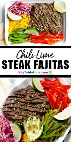 steak fajitas with peppers, onions and green beans on a plate next to a fork