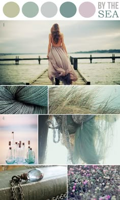 a collage of photos with different colors and textures, including seaweed, sand dollar necklaces, watermelon sprouts, and other items