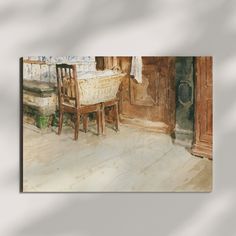 a painting of a table and chair in a room with white walls on the wall