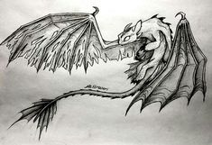 a black and white drawing of a dragon with its wings spread out, facing each other