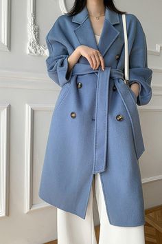 Women Double Faced Wool Overcoat Blue Wool Coat, Blue Winter Coat, Wool Long Coat, Middle Age Fashion, Long Wool Coat, Blue Winter, Woolen Coat, Winter Mode, Women Sleeve