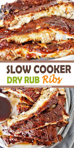 Cooked ribs on white plate with bbq sauce. There is text written between 2 images. Crockpot Ribs Dry Rub, Greek Ribs Slow Cooker, Dry Rub Ribs In Crockpot, Crockpot Ribs Recipes Slow Cooker Dry Rub, Slow Cooker Pork Spare Ribs, Crock Pot Pork Ribs Slow Cooker, Dry Rub For Ribs In Oven, Babyback Ribs In Crockpot Slow Cooker, Slow Cooker Pork Ribs Recipe