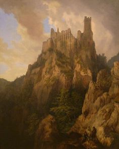 a painting of a castle on top of a mountain