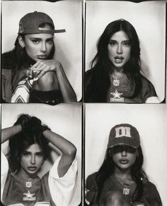 four black and white photos of women in baseball caps with their hands on their head