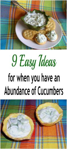 some food on a table with the words 9 easy ideas for when you have an abundance of cucumbers