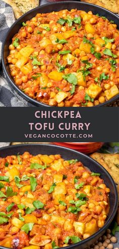 chickpea tofu curry in a skillet on a table