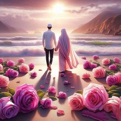 a man and woman are walking on the beach with pink roses in front of them