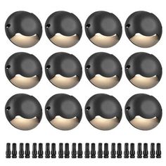 twelve black plastic knobs with screws and pins on white background stock photo - budget conscious