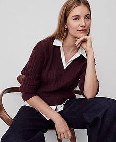 This double duty piece is cleverly constructed with a woven collar and hem, for a stylish layered effect. Sweater: V-neck. Long sleeves. Drop shoulders. Side slits. Ribbed neckline, cuffs and hem. Woven point collar and shirttail hem. Knit body and sleeves.,Imported:Imported,Fit:Relaxed fit,Length:19 1/2" long,Fabrication:Knit: 50% Acrylic, 26% Nylon, 24% Polyester; Woven: 59% Cotton, 38% Viscose, 3% Elastane,Garment Care:Machine Washable Collared Mixed Media Sweater by Ann Taylor Size regular - Sweaters With Collared Shirts, Wine Sweater, Plum Sweater, Petite Sweaters, Knitted Suit, Maroon Sweater, Burgundy Sweater, Autumn Colors, Ribbed Neckline