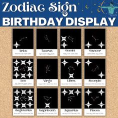 zodiac sign birthday display on a cork board with stars and moon shapes in black and white