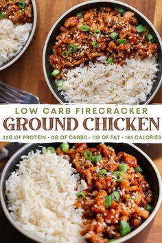 three pans filled with ground chicken and rice on top of a wooden table in front of